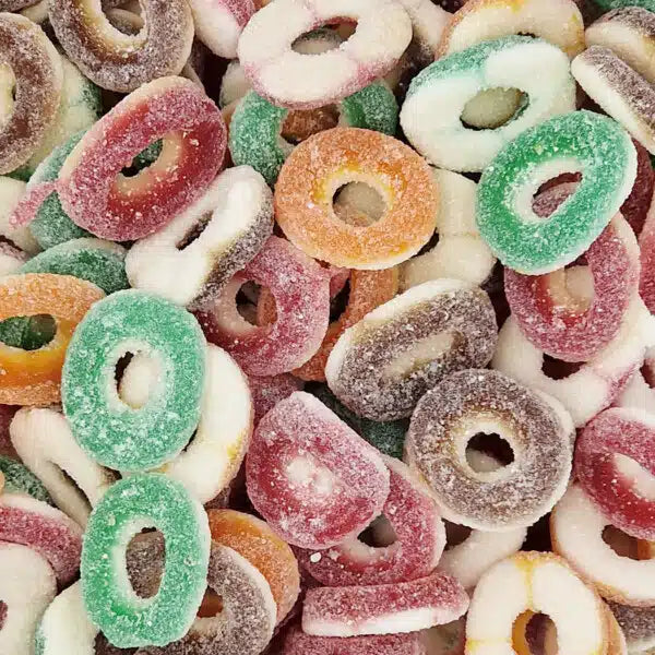 Sweetzone Fizzy Rings,
Fruit flavoured fizzy sweets 500g,
Halal gummy rings,
Sour chewy candy bag,
Pick ’n’ mix fizzy sweets